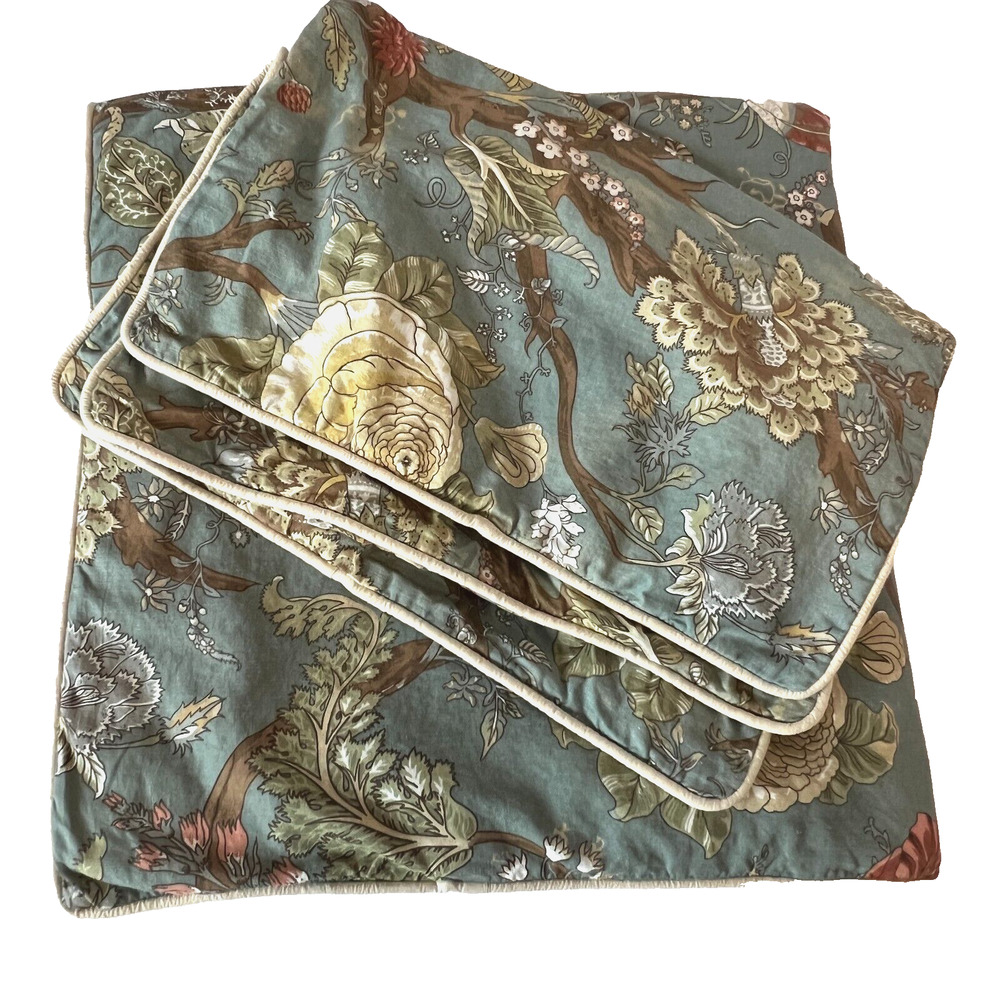 Pottery Barn Queen Full Duvet Shams Blue Floral Cotton Linen Cosette Palampore
